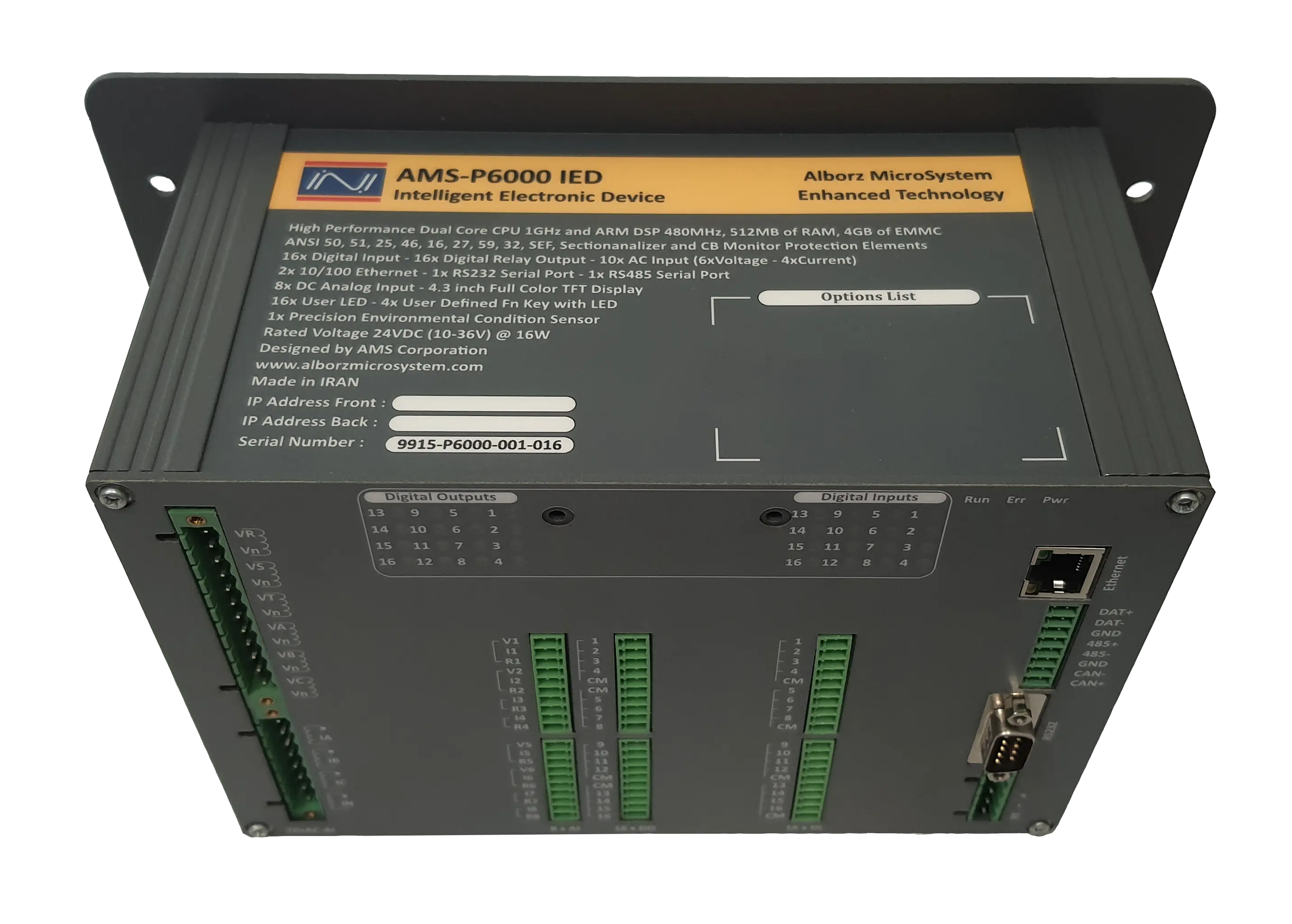 AMS-P6000 IED rear panel connections view
